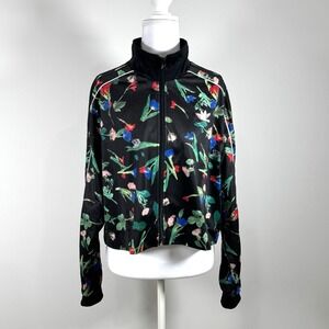 Adidas Floral Track Jacket Cropped Black Multicolor Retro Streetwear Womens L